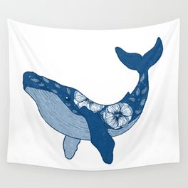 Floral Humpback Whale in Blue Wall Tapestry