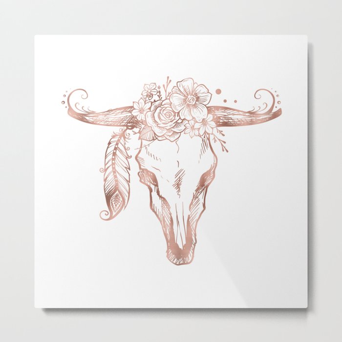 Rose Gold Bull Skull with Pink Feather Flowers Metal Print