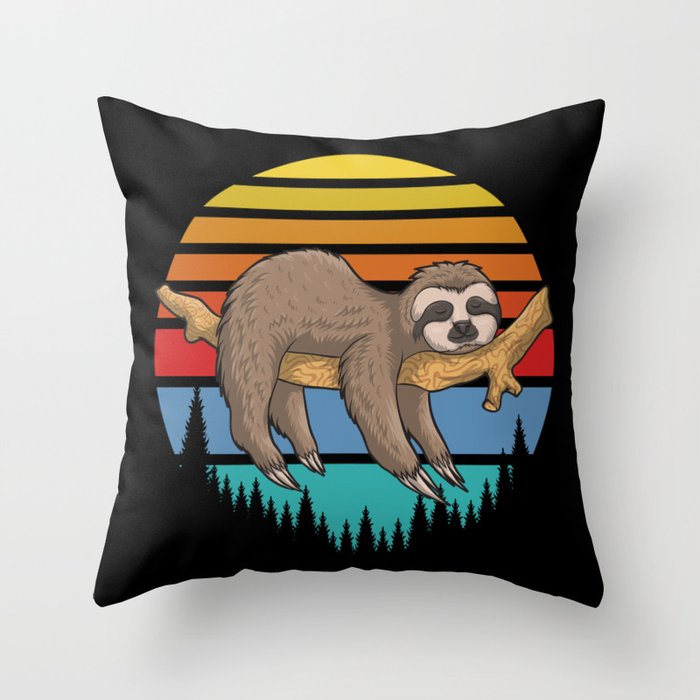 Lazy Sloth Retro Sunset Illustration Cute Funny Throw Pillow