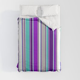 [ Thumbnail: Eyecatching Turquoise, Dark Violet, Grey, Indigo, and White Colored Pattern of Stripes Duvet Cover ]