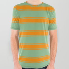 [ Thumbnail: Dark Sea Green & Dark Orange Colored Stripes/Lines Pattern All Over Graphic Tee ]