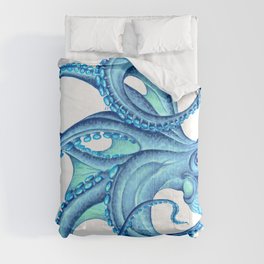 Blue Octopus on White Dance Ink Marine Nautical Comforter