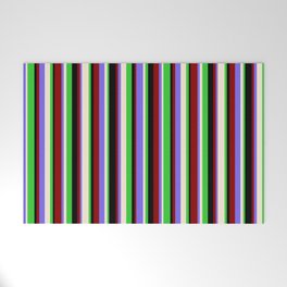 [ Thumbnail: Colorful Lime Green, Beige, Medium Slate Blue, Dark Red & Black Colored Stripes Pattern Welcome Mat ]