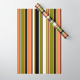 [ Thumbnail: Beige, Green, Coral & Black Colored Stripes Pattern Wrapping Paper ]
