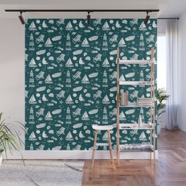 Teal Blue And White Summer Beach Elements Pattern Wall Mural