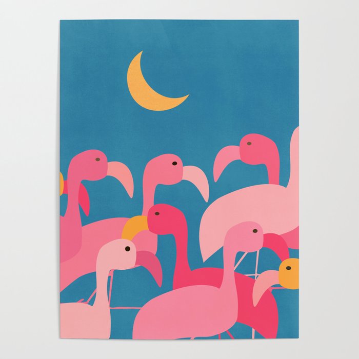 Midnight Flamingos Poster