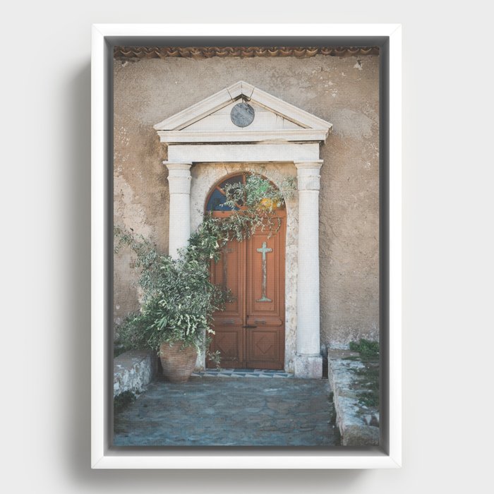 Church Door with Olive Branches at the Chapel in Methoni Castle | Greece Travel Photography Framed Canvas