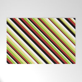 [ Thumbnail: Eye-catching Tan, Green, Red, Black & White Colored Striped/Lined Pattern Welcome Mat ]