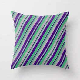[ Thumbnail: Indigo, Sea Green & Dark Gray Colored Lined/Striped Pattern Throw Pillow ]