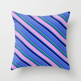 [ Thumbnail: Plum, Dark Cyan, Royal Blue, and Blue Colored Lined Pattern Throw Pillow ]