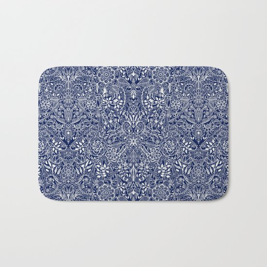 Detailed Floral Pattern in White on Navy Bath Mat