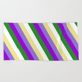 [ Thumbnail: Colorful Tan, Purple, Dark Violet, Forest Green, and White Colored Stripes/Lines Pattern Beach Towel ]