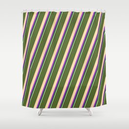 [ Thumbnail: Dark Olive Green, Tan, Dark Orchid, Dark Green, and White Colored Striped/Lined Pattern Shower Curtain ]