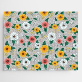 Colorful Spring Flowers Pattern in Light Grey Background Jigsaw Puzzle