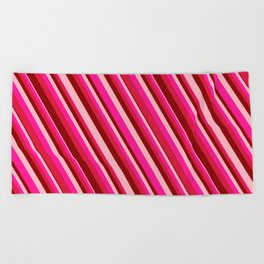 [ Thumbnail: Deep Pink, Crimson, Dark Red, and Light Pink Colored Lines/Stripes Pattern Beach Towel ]
