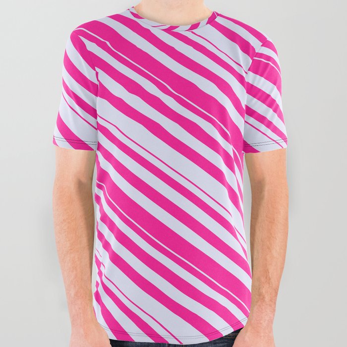 Lavender & Deep Pink Colored Striped Pattern All Over Graphic Tee
