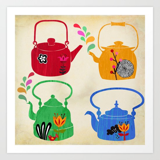 four vintage kettles Art Print