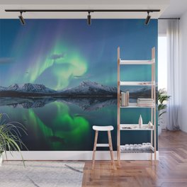 Northern lights and mountains Wall Mural