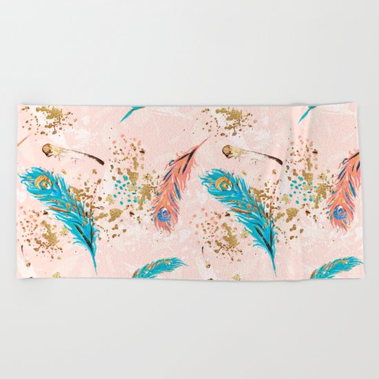 Feather peacock peach mint #5 Beach Towel