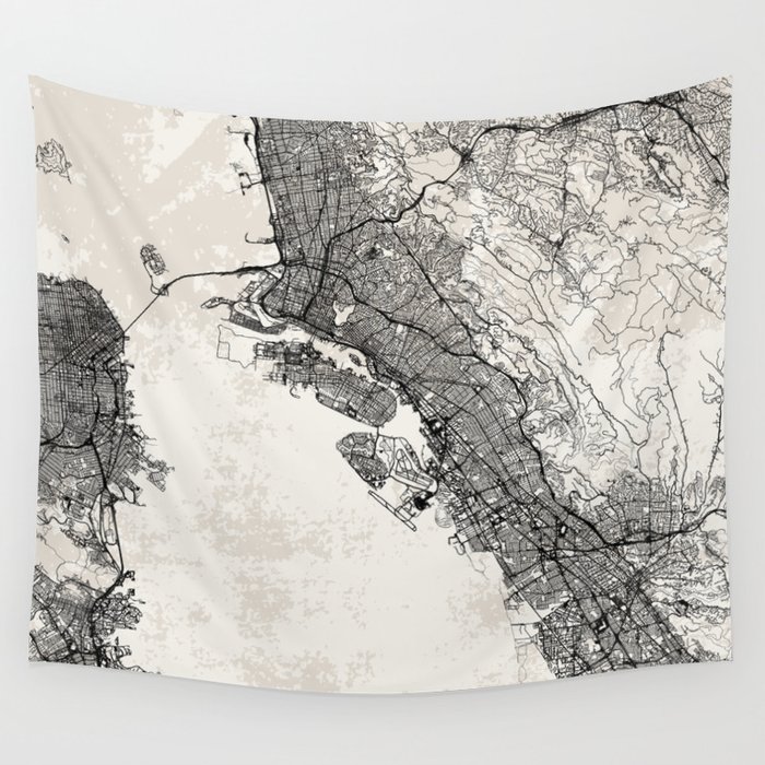 Oakland USA - City Map - Black and White Wall Tapestry