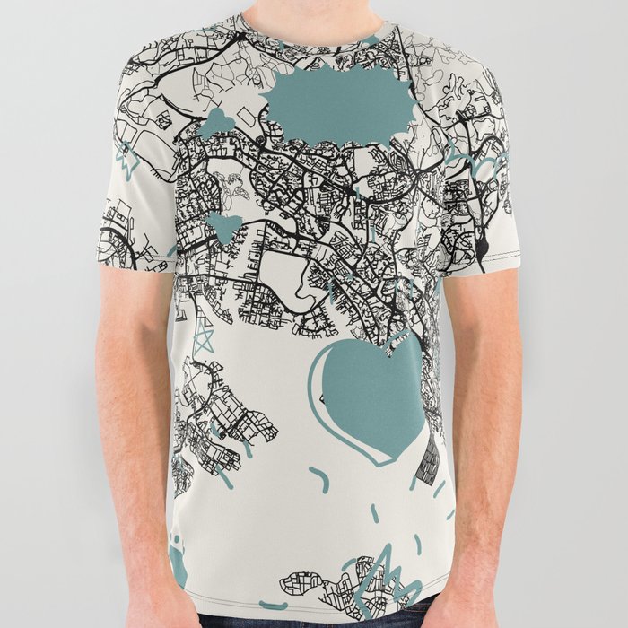 Singapore City Map Drawing All Over Graphic Tee