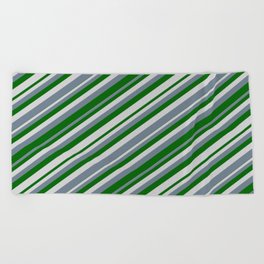 [ Thumbnail: Slate Gray, Dark Green & Light Gray Colored Striped/Lined Pattern Beach Towel ]