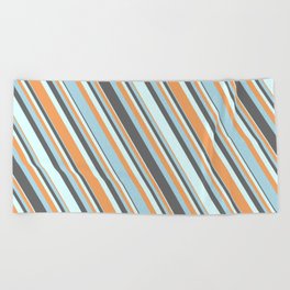 [ Thumbnail: Dim Gray, Light Cyan, Brown & Light Blue Colored Striped Pattern Beach Towel ]