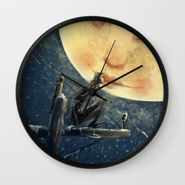 The Moon and the Crow Wall Clock | Moon, Cute, Digital, Painting, Fantasy, Mystery, Illustration, Crow, Night, Winter 
