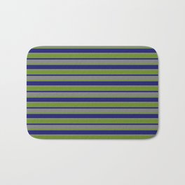 [ Thumbnail: Midnight Blue, Grey & Green Colored Lines/Stripes Pattern Bath Mat ]
