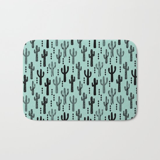 Cactus pattern print mint black minimal geometric modern illustration desert southwest nature Bath Mat