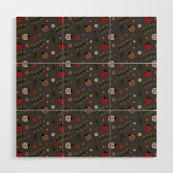 Ladybug and Floral Seamless Pattern on Dark Grey Background Wood Wall Art