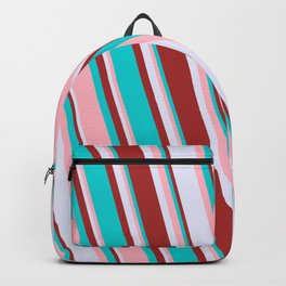 [ Thumbnail: Dark Turquoise, Light Pink, Lavender & Brown Colored Lines Pattern Backpack ]