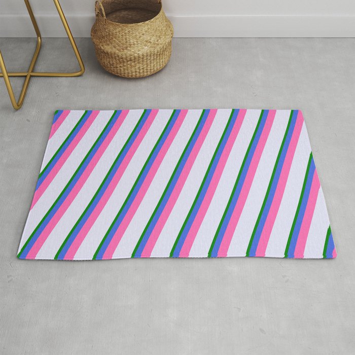 Lavender, Green, Royal Blue & Hot Pink Colored Pattern of Stripes Rug