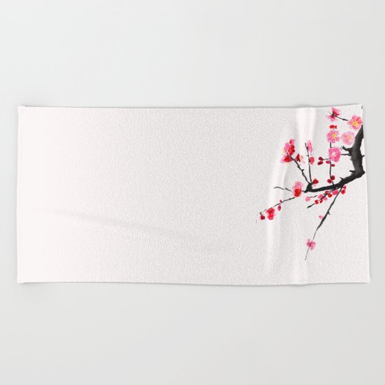 red plum flower red background Beach Towel