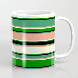 [ Thumbnail: Eye-catching Sea Green, Dark Salmon, Beige, Green, and Black Colored Lined Pattern Coffee Mug ]