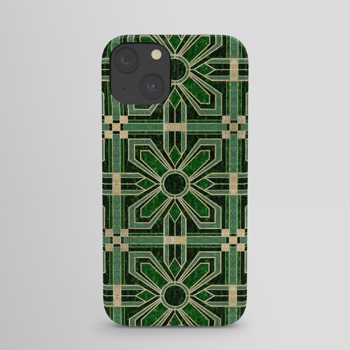 Art Deco Floral Tiles in Emerald Green and Faux Gold iPhone Case