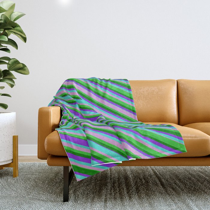Turquoise, Plum, Lime Green, Green & Purple Colored Lined Pattern Throw Blanket