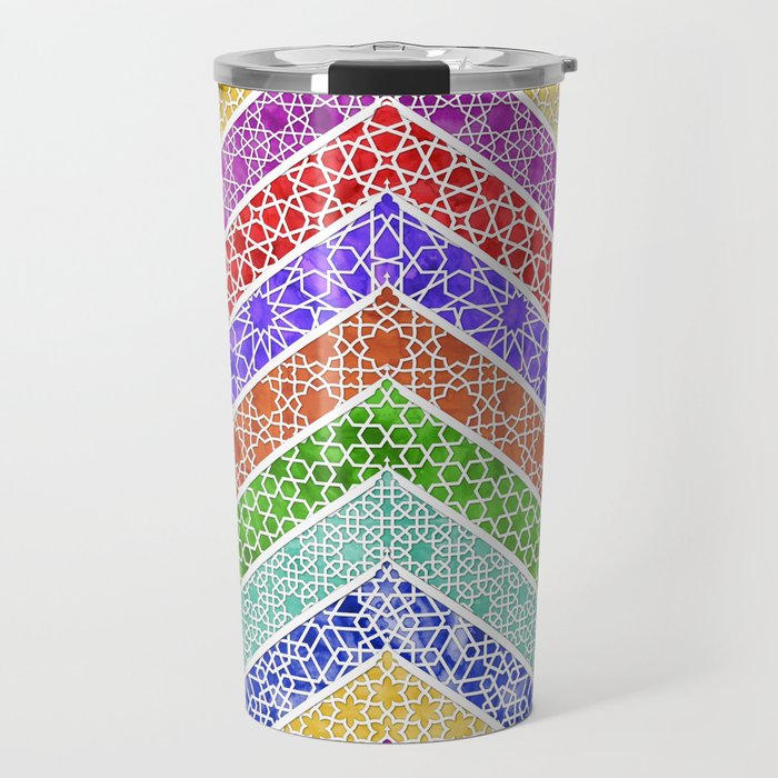 Watercolor Moroccan Lattice Chevron Pattern - Rainbow Travel Mug
