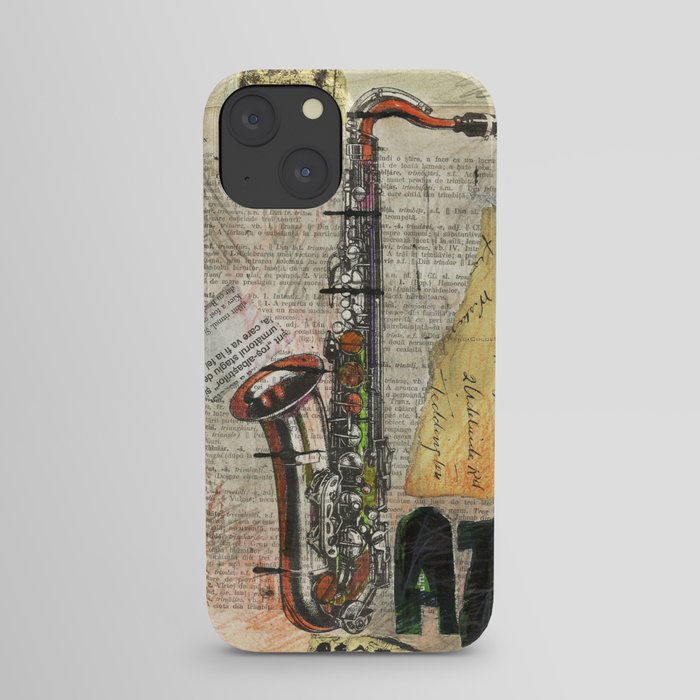 Jazz Music Saxophone Drawing Collage Painting  wall art decor iPhone Case
