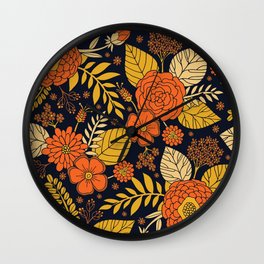 Retro Orange, Yellow, Brown, & Navy Floral Pattern Wall Clock