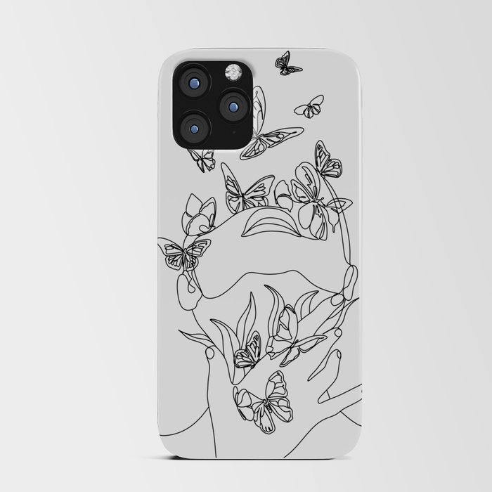 Woman face with butterfly. Line art female hands with butterflies. Abstract face with butterfly by one line drawing. Portrait minimalistic style. Botanical print. Nature symbol of cosmetics.  iPhone Card Case