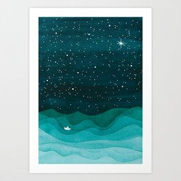 Starry Ocean, teal sailboat watercolor sea waves night Art Print
