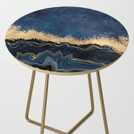 Deep Cerulean + Gold Abstract Shoreline Waves Side Table