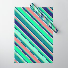 [ Thumbnail: Eyecatching Green, Dark Cyan, Midnight Blue, Aquamarine & Light Coral Colored Lines Pattern Wrapping Paper ]
