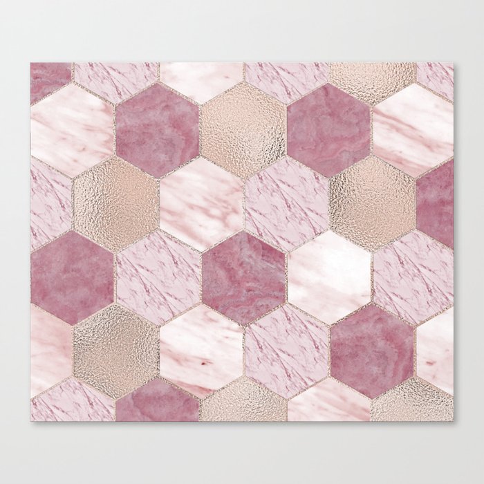 Carnation pink rose gold foil - marble hexagons Canvas Print