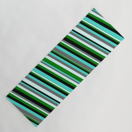 [ Thumbnail: Eyecatching Turquoise, Dim Grey, Light Cyan, Green & Black Colored Striped Pattern Yoga Mat ]