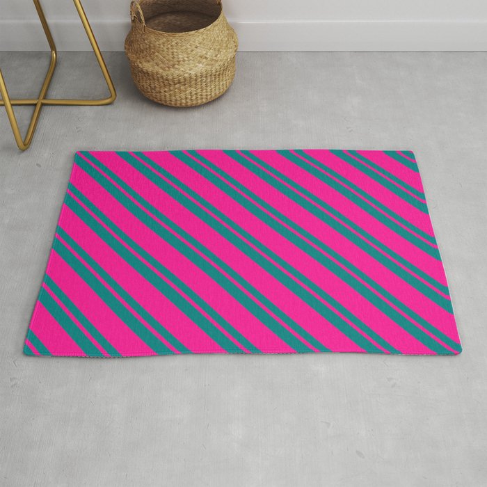 Deep Pink & Teal Colored Lined/Striped Pattern Rug