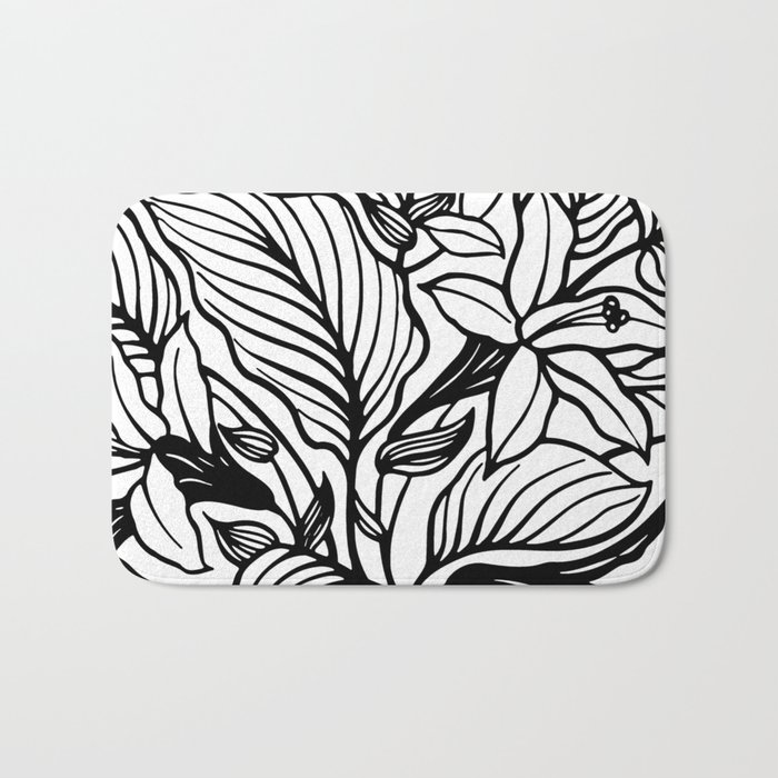 White And Black Floral Minimalist Line Drawing Bath Mat