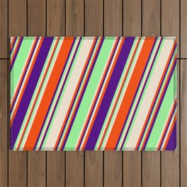 [ Thumbnail: Green, Beige, Red & Indigo Colored Stripes Pattern Outdoor Rug ]