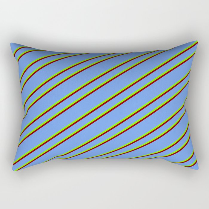 Cornflower Blue, Green, and Maroon Colored Stripes/Lines Pattern Rectangular Pillow